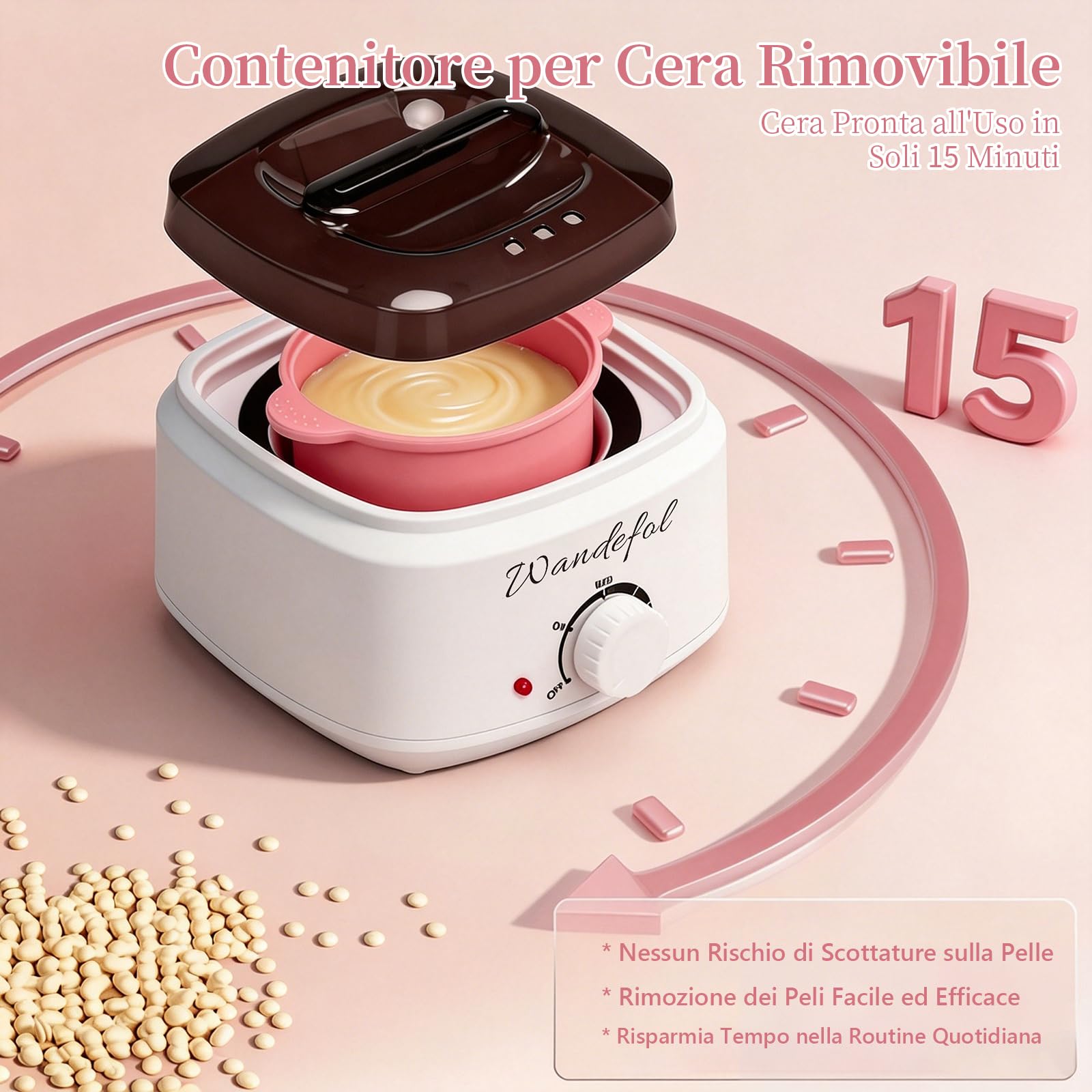 Kit Cera Brasiliana Ceretta Brasiliana - Scaldacera con 4x100g Perle di Cera Brasiliana, Ciotola in Silicone, Spatole - Cera Brasiliana per Viso, Corpo & Zona Bikini
