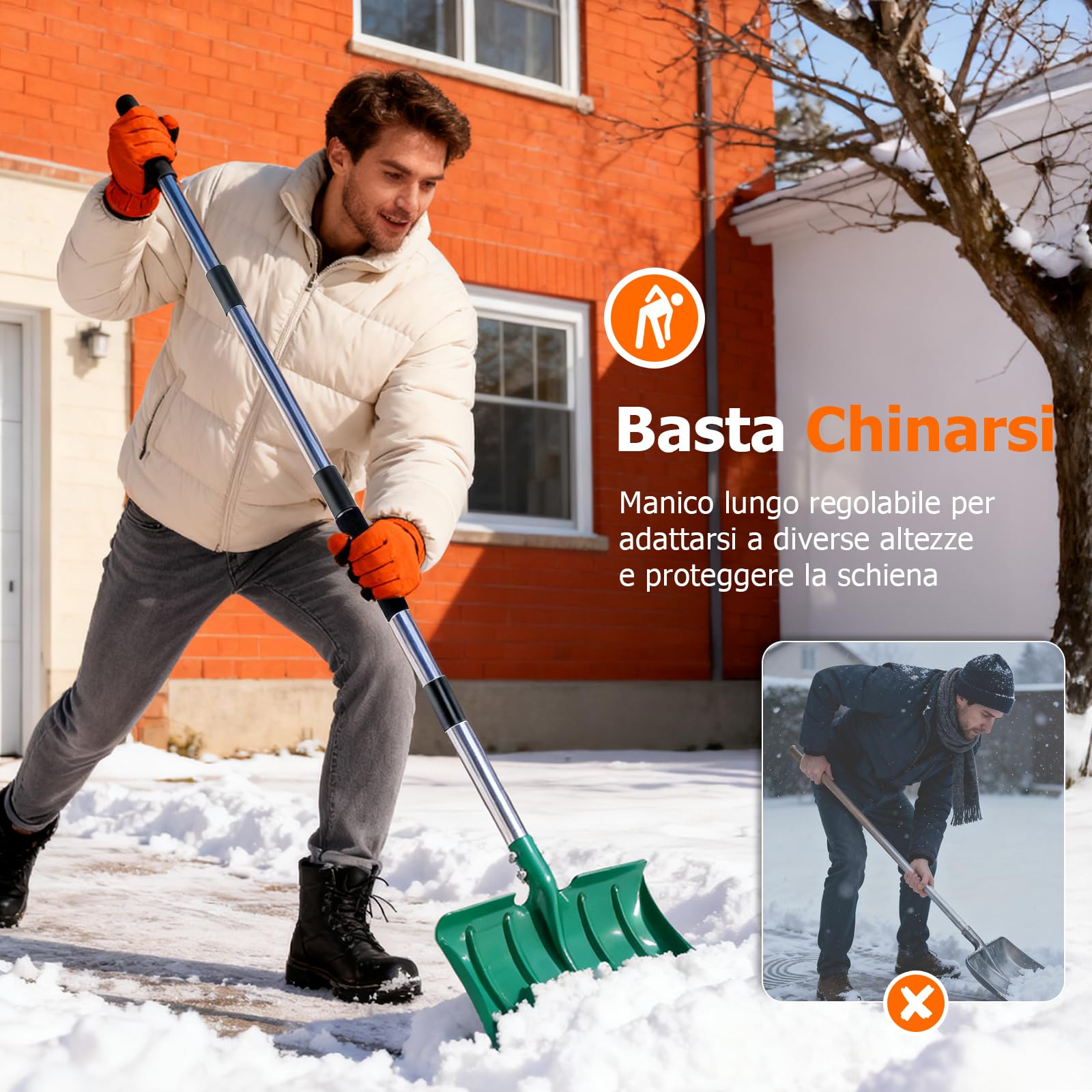 Pala da neve con manico lungo 163 cm, in metallo ad alta resistenza con pala larga 41 cm, manico ergonomico lungo e schiuma anti-gelo per la rimozione della neve di vialetti, auto, pacciamatura, terra