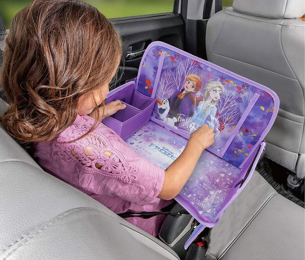 Tataway Disney Reine des Neiges Table de Voyage Auto - Plateau Fille avec Graphiques Elsa Anna Olaf - Confortable et réglable - Table avec Poches de Rangement - Étagère Multifonction pour Dessins et