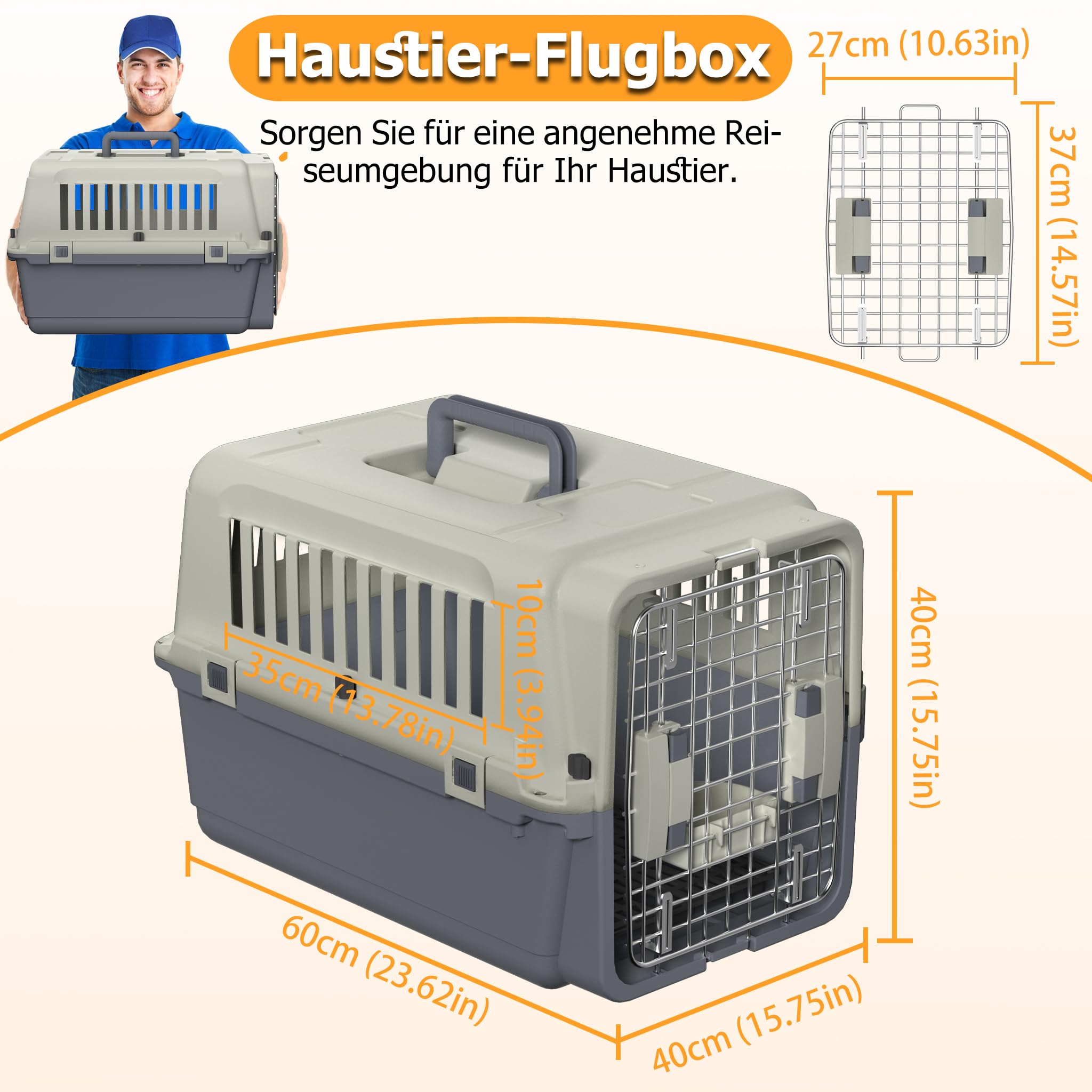 YRHome Boîte de transport pour chiens et chats - Caisse de transport pour les voyages en avion - Avec fenêtre en plastique, porte en fer, bol et plateau à couches et poignée - 60 x 40 x 40 cm - Charge
