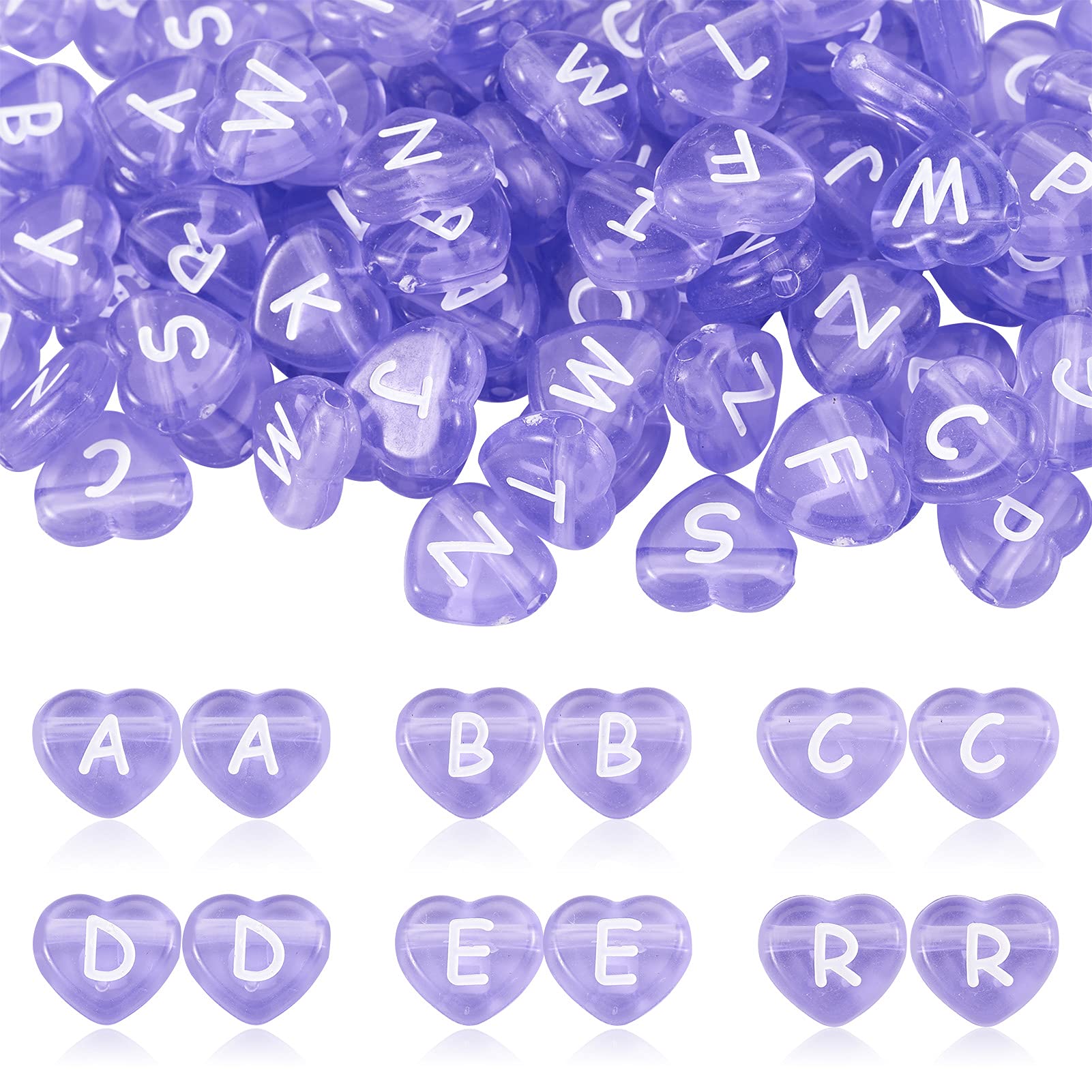 Cheriswelry 100pcs Heart Transparent Acrylic Letter Beads Purple Alphabet Crystal Beads Horizontal Hole Pony Loose Spacer Beads 10.5x11.5mm for DIY Earring Bracelet Necklace Jewelry Making