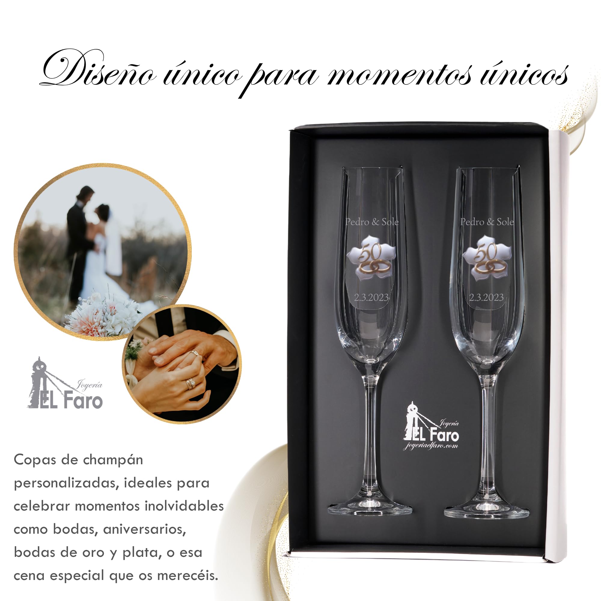 JOYERIA EL FARO Copas de Champán Personalizadas para Bodas de Oro – Juego de 2 Copas con Chapita Dorada en Forma de Hoja – Estuche Premium de Joyería – Regalo 50 Aniversario de Casados