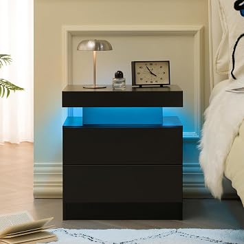 Wooden Nightstand with LED Lights, Bedside Table Cabinet Lights Modern End Side with 2 Drawers, Night Stands for Bedroom for Bedroom Living Room, Black