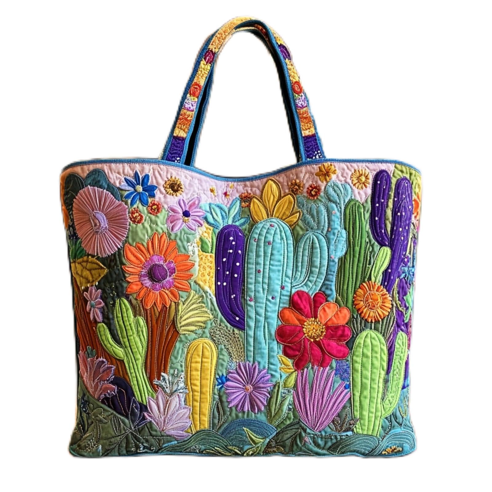 Generisch Borsa shopper da donna – Borsa in tela da donna, borsa da trasporto e borsa in tessuto, spaziosa e casual, con ricamo, manico trapuntato e imbottito, patchwork, riutilizzabile