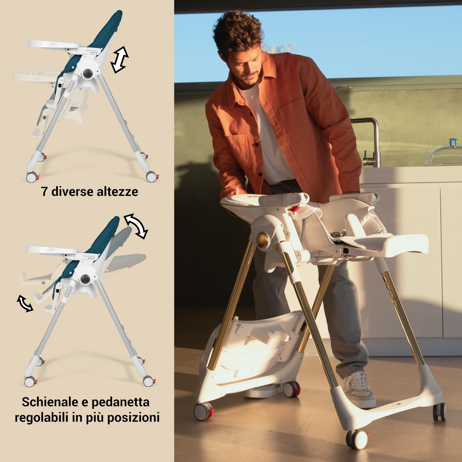 Peg Perego Prima Pappa Follow Me Seggiolone Pappa Neonati Reclinabile, Funzione Sdraietta, 4 ruote, Pieghevole e Ultracompatto, per Bambini da 0 a 3 Anni (0-15 kg), Petrolio