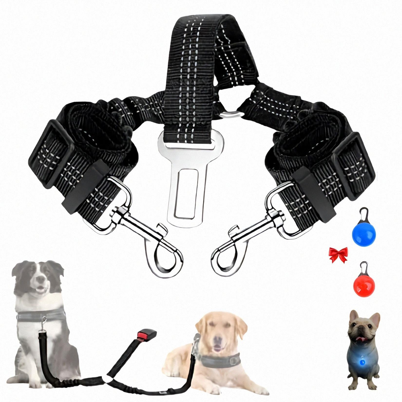 Cinturón de Seguridad Coche Perro, 2 Perros sin enredo Cinturón de Seguridad elástico Duradero para el Coche, Ajustable Reflectante Seguro, Doble Perro Coche arnés, mas 2 Colgantes Luminosas.