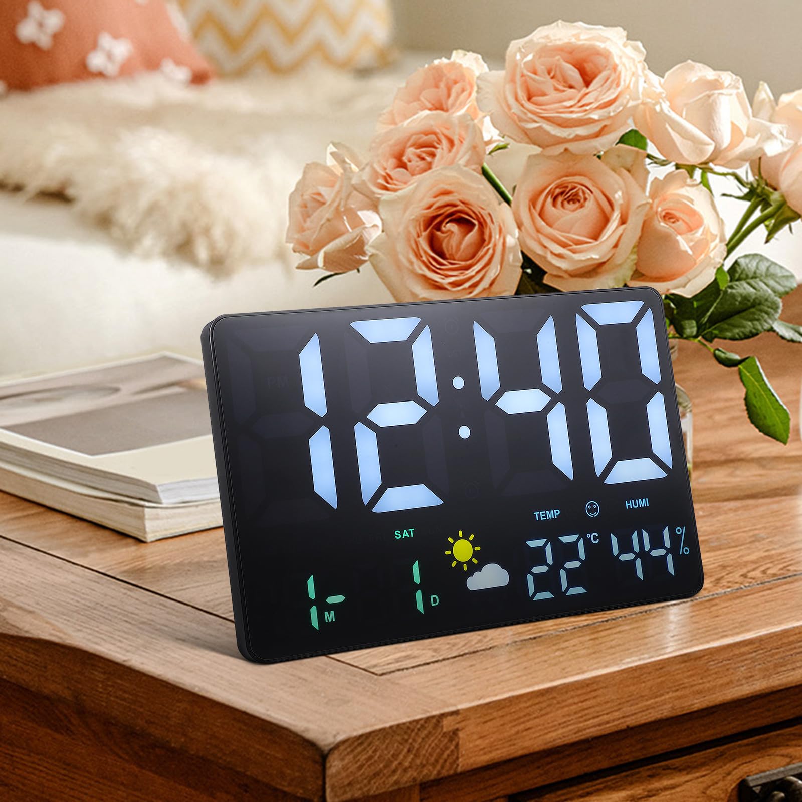 Orologio da Parete Digitale Grande Display Led, Funzione Meteo e Rilevamento Temperatura, Design Moderno in Plastica Nero per Ufficio e Soggiorno