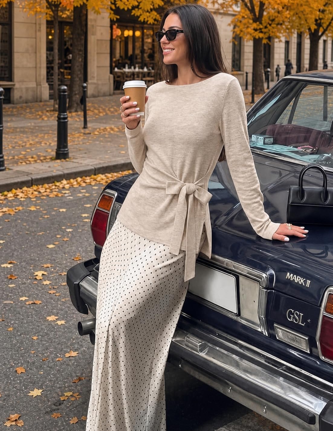 MEROKEETY Womens Fall Sweaters Trendy 2026 Tie Front Cinched Waist Tops