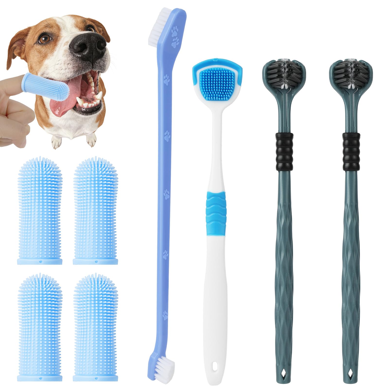 HOTUT 8Pcs Dog Toothbrush Set,Dog Finger Toothbrush,Triple-Head & Dual-Head Triple Heads,Tongue Pet Toothbrushes,Multi-Angle Puppy Dental Teeth Cleaning,Remove Plaque & Tartar Fights Bad Breath