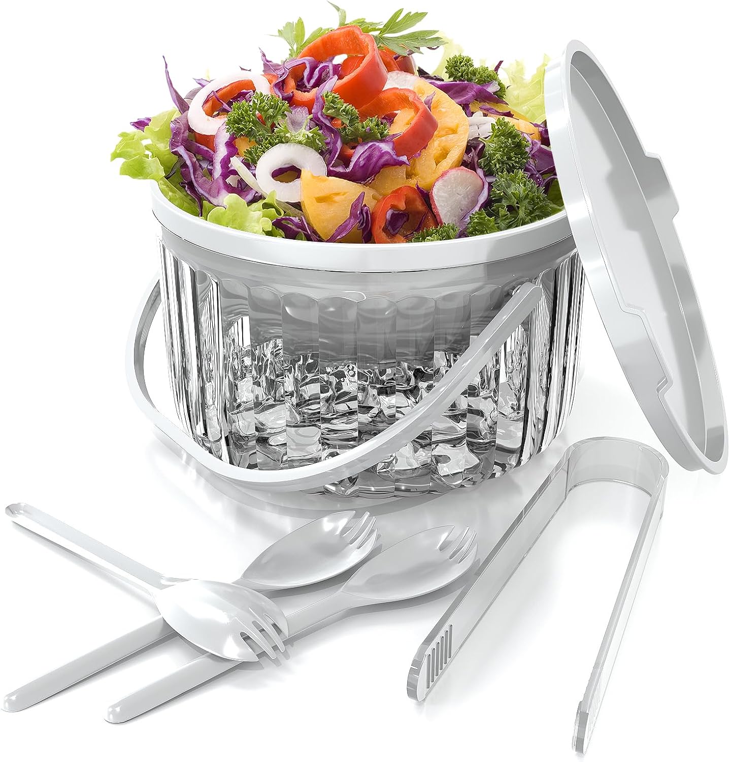 30oz Iced Salad Bowl With Lid,Chilled Serving Bowl,Big Bowl To Keep Food Cold With Handle For Party,Bowl Set For Chilled Pasta, Hummus, Salsa, Potato, Dressing, Fruit,White
