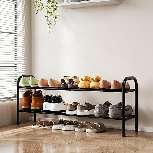 Miniatura 3 de Zapatero expandible de 2 niveles, organizador de almacenamiento de zapatos de metal, estante ajustable, (negro, 2 niveles)