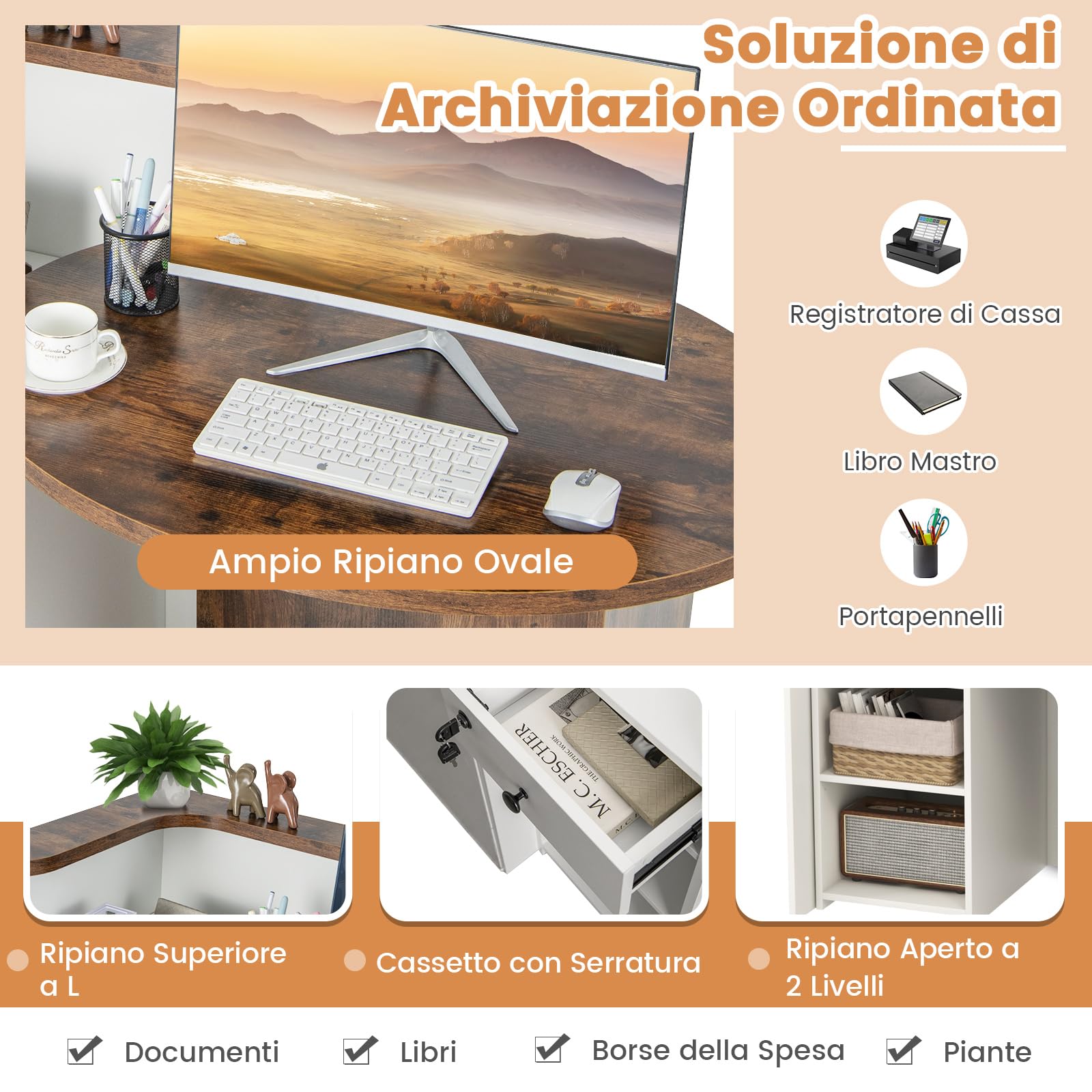 COSTWAY Banco Reception a Forma di L, Bancone per Cassa con Ripiano Regolabile e Cassetto Bloccabile, Piano Ovale, per Negozio, Salone e Ufficio, 120 x 55 x 100 cm (Marrone Rustico+Bianco)