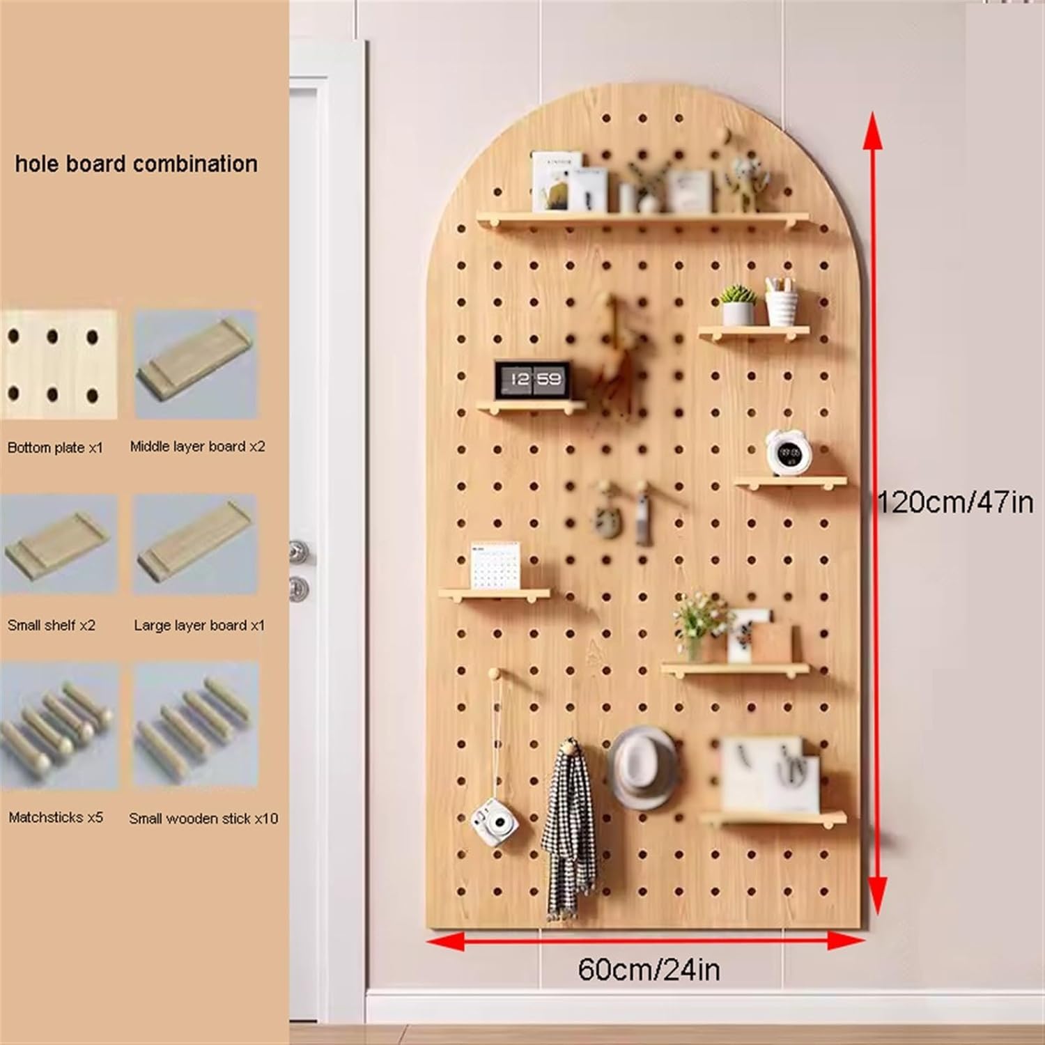 Stecktafel, Holz, Kombinations-Wand-Organizer-Set, Wandhalterung, Stecktafel, Trennwand, Bastelorganizer, Stecktafel, Display für Schlafzimmer, Arbeitszimmer (Braun, 60 x 120 cm)