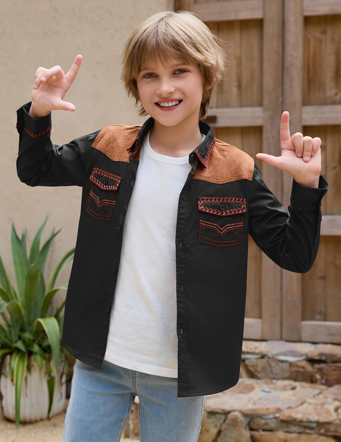 Boy's Western Cowboy Shirt Embroidered Long Sleeve Regular Fit Casual Cotton Button Down Hippie Shirts with Pockets - Image 5
