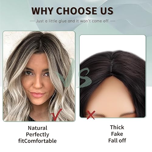 Miniatura 3 de Peluca larga rubio ceniza para mujer, pelucas rubias rizadas y onduladas con parte media, peluca sintética de color rubio degradado con reflejos