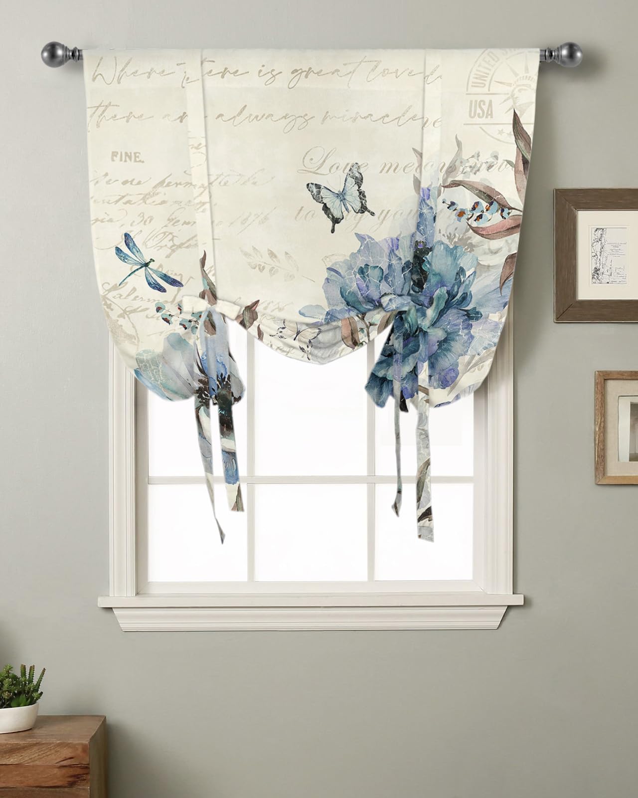 Yukro Vintage Flowers Blue Floral Rustic Style Rod Pocket Tie Up Window Shade, Adjustable Balloon Curtain Shade for Blinds Kitchen Bathroom, 1 Panel, 34