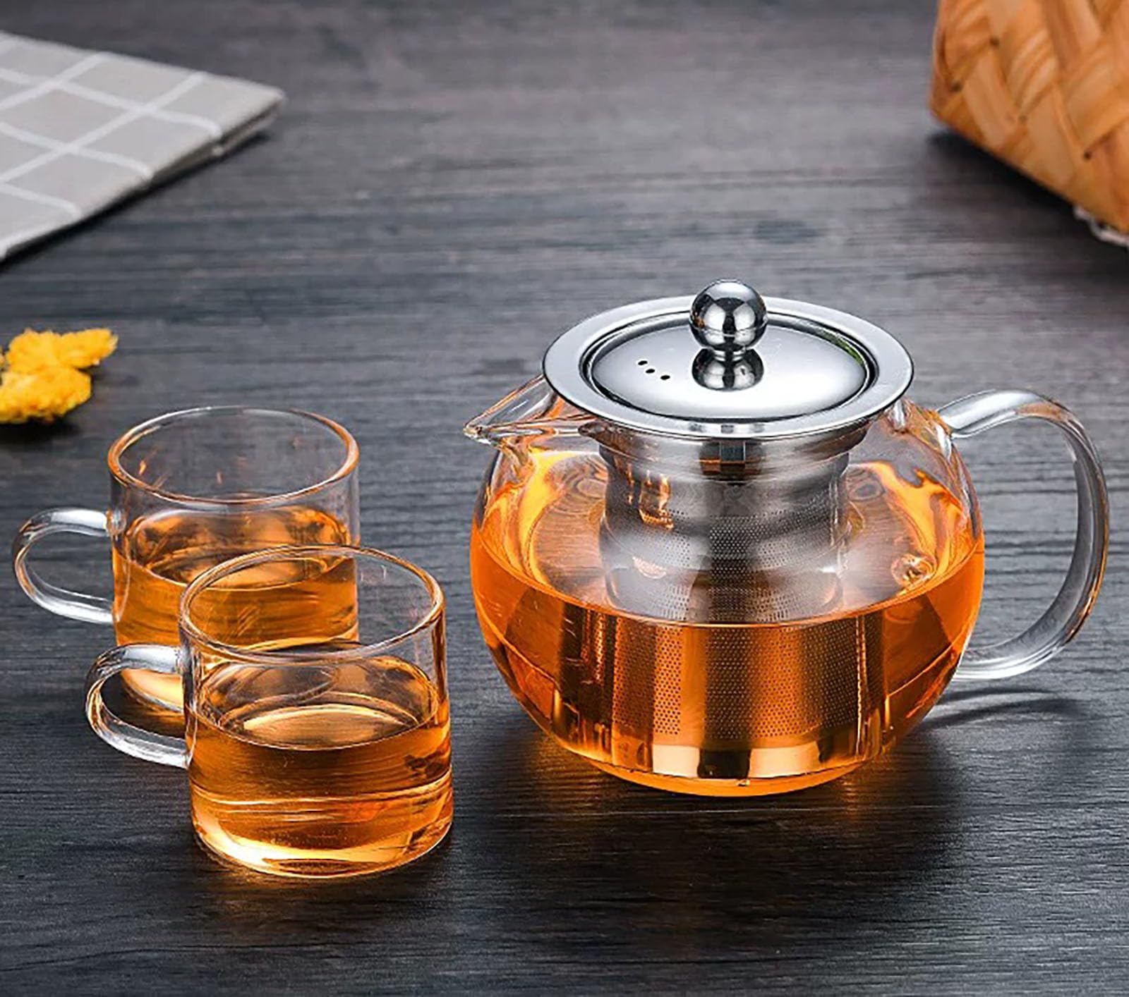 Tetera de vidrio con infusor de acero inoxidable, tetera de vidrio de borosilicato resistente al calor de 950 ml, boquilla dibujada a mano, forma redonda, porción individual
