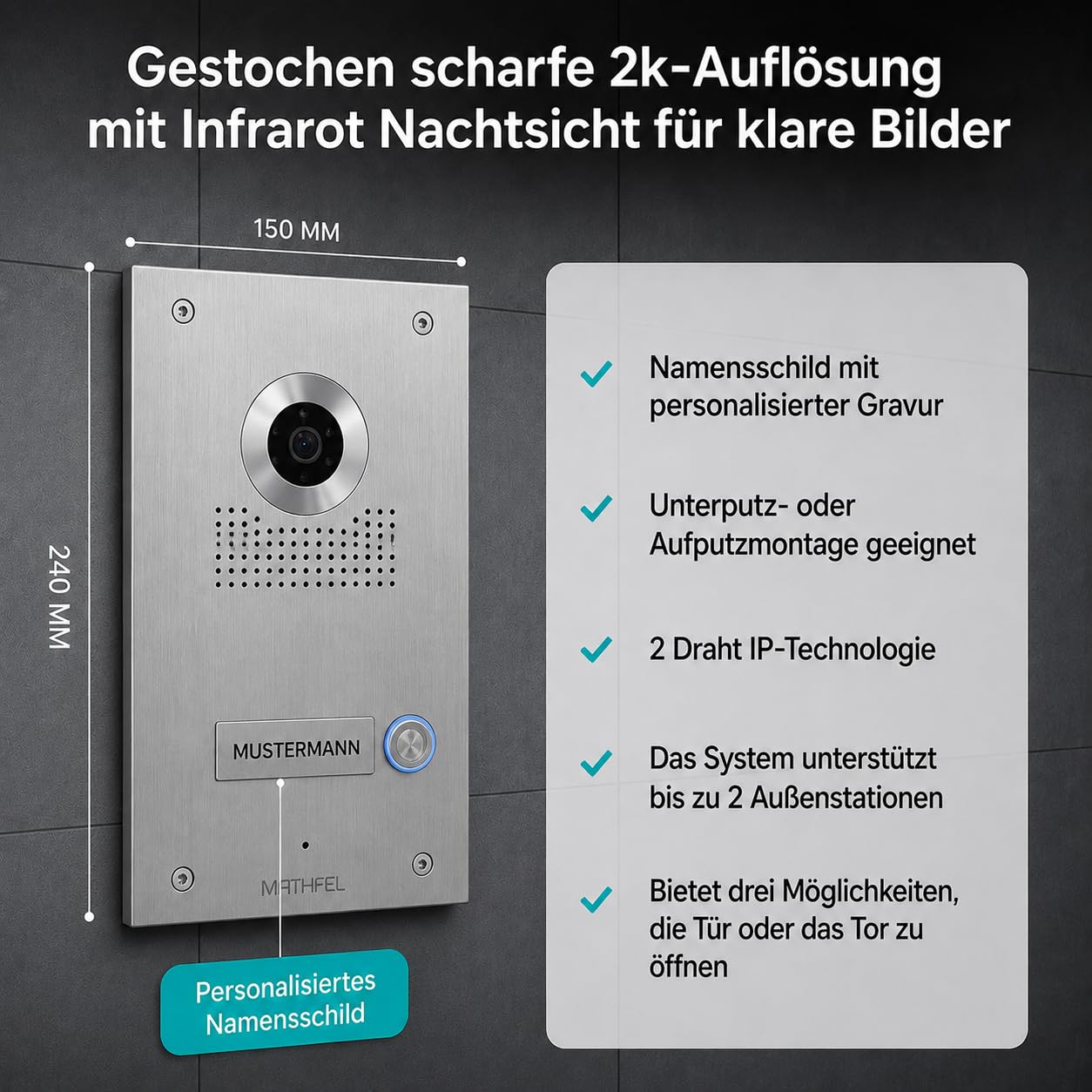 MATHFEL Video Türsprechanlage in Silber, Klingel mit Kamera und 10'' Monitor, Türklingel mit Kamera und Türöffner, Ultraweitwinkel 170 Grad Kamera, Gegensprechanlage mit WLAN Full HD 2MP