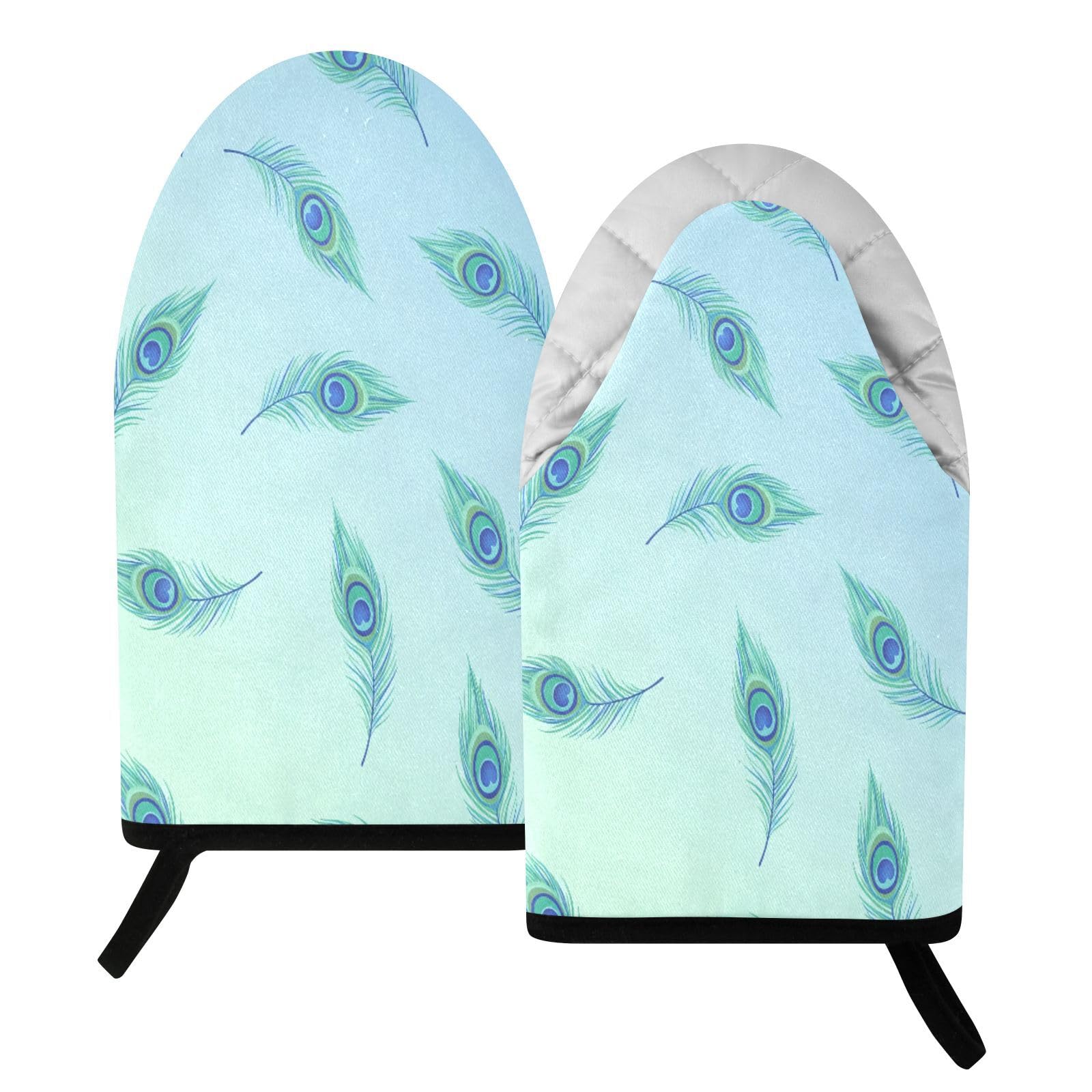 BURSTDDY Peacock Feathers Oven Mitt,Heat Resistant Kitchen Mitts for Cooking