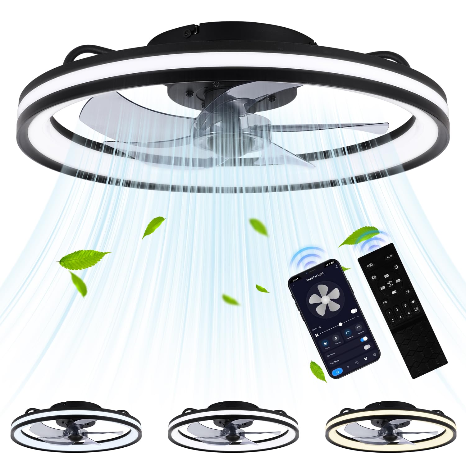 Deckenventilator mit Beleuchtung und Fernbedienung Ø50 cm, Smart LED Deckenleuchte 3 Farbtemperatur und 6 Gang, Timer Sommer-Winterbetrieb Für Wohnzimmer Schlafzimmer, Black