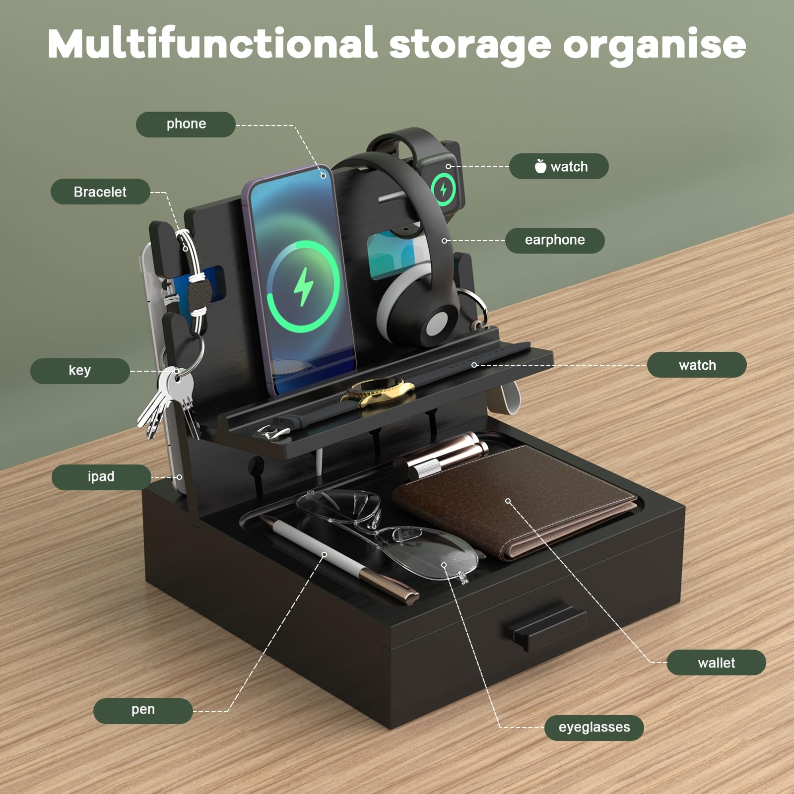 Amazon.com: Nightstand Organizer with Charging Station, Wood