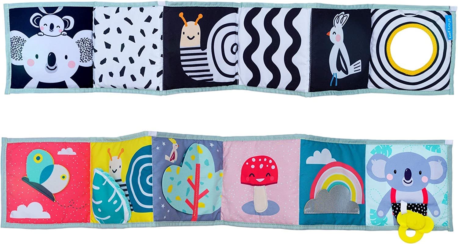 Koala Clip on Pram Book. Double-sided Tummy-time Sensory Soft Baby Book + Teether & Baby-safe Mirror. One Side Black & White. One Brightly Coloured. Suitable for Boys & Girls from Birth