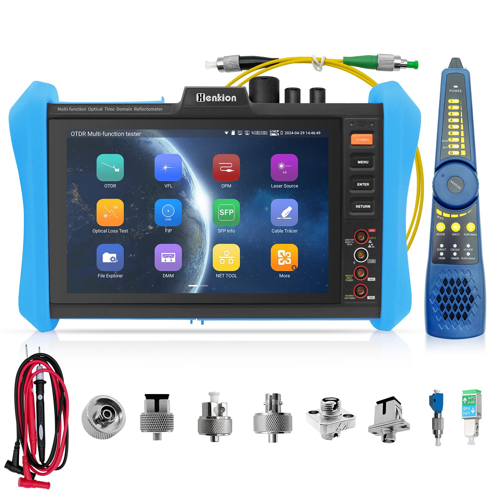Henkion OTDR-Glasfasermessgerät 8 Zoll IPS-Touchscreen, 1610 nm 28 dB Live Testing, Multifunktionaler Netzwerktester mit Event Map, LS, OPM, VFL, OLS, Digitalmultimeter, SFP, WLAN und RJ45 Kabeltest