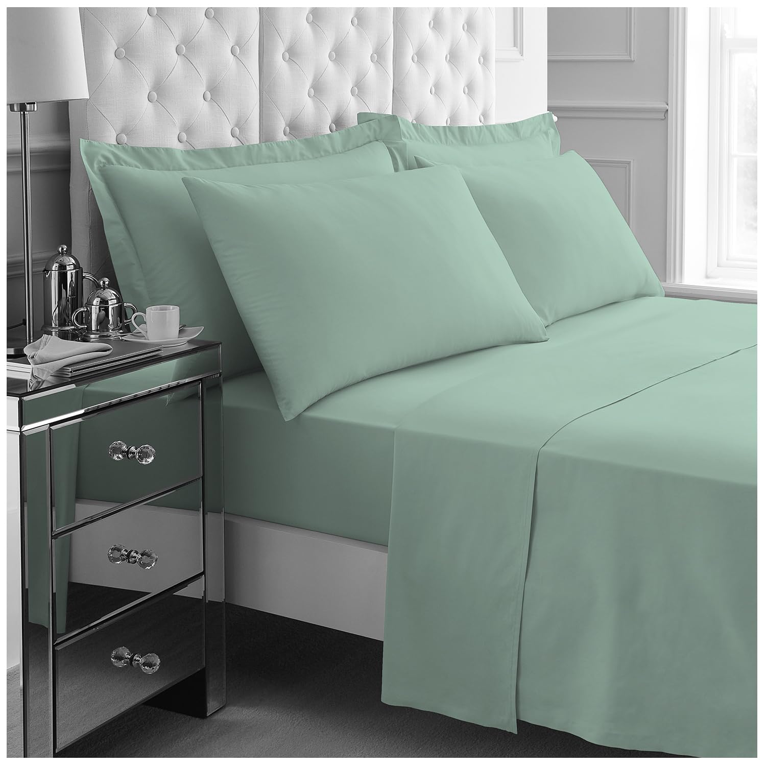 GC GAVENO CAVAILIA Kingsize Bed Sheet Set 4Pieces - 1x Fitted Sheet, 1x Flat Sheet & 2x Pillowcases 50x75 - Lightweight & Easy Care - Fitted Sheet Set Supersoft Polyester Bedding - Sage Green — image 1