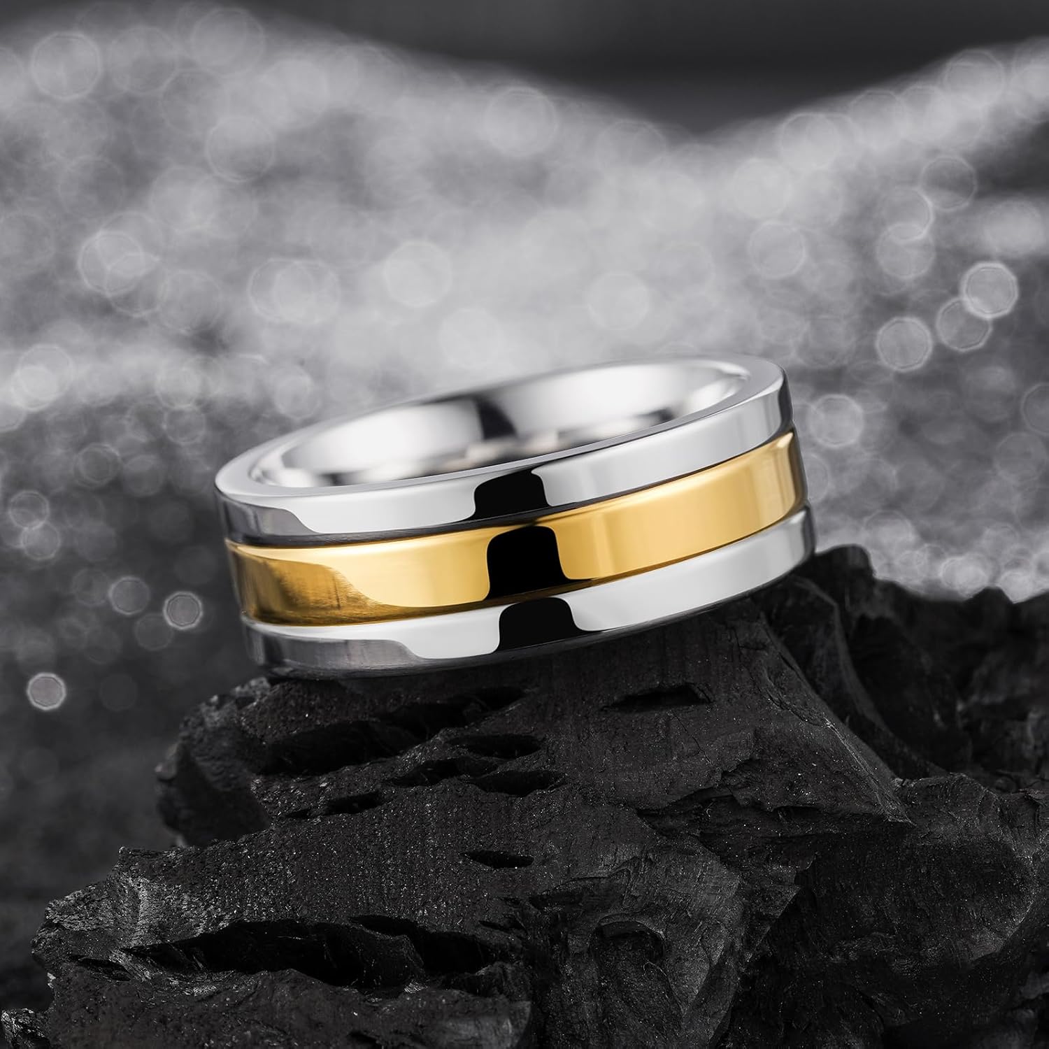 King Will 316L Stainless Steel Men's Wedding Band – 6/8 mm Dual-Tone Wedding Ring Polished Finish with Gold/Black Steel Plating, Fashionable and Durable Stainless Steel Men's Ring Size 7-14