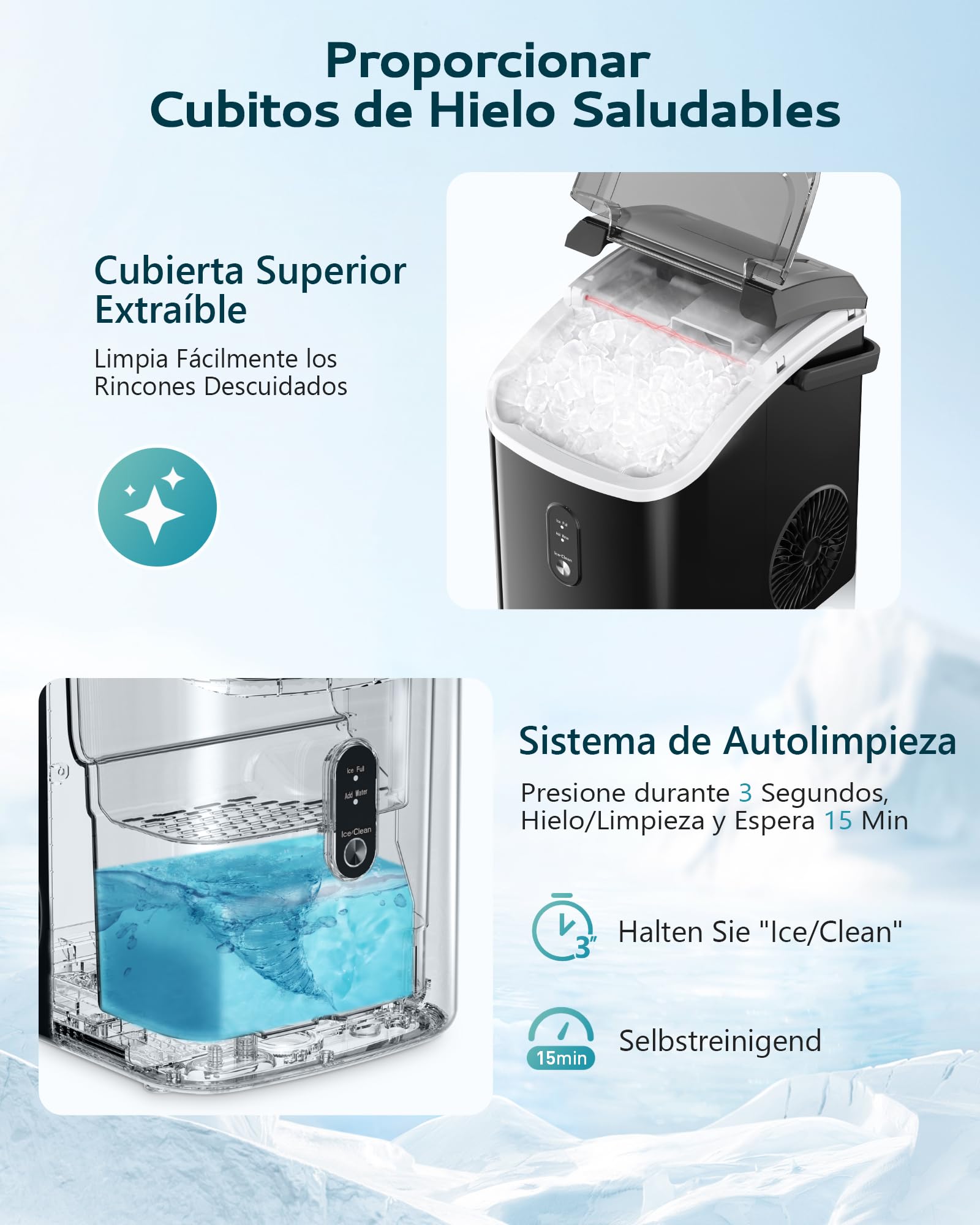 EUHOMY Máquina de cubitos de hielo, 15 kg/24h, fabricación en 6 minutos, máquina de hielo triturada, limpieza automática, 120 W, máquina de cubitos de hielo de mesa, sensor infrarrojo Negra