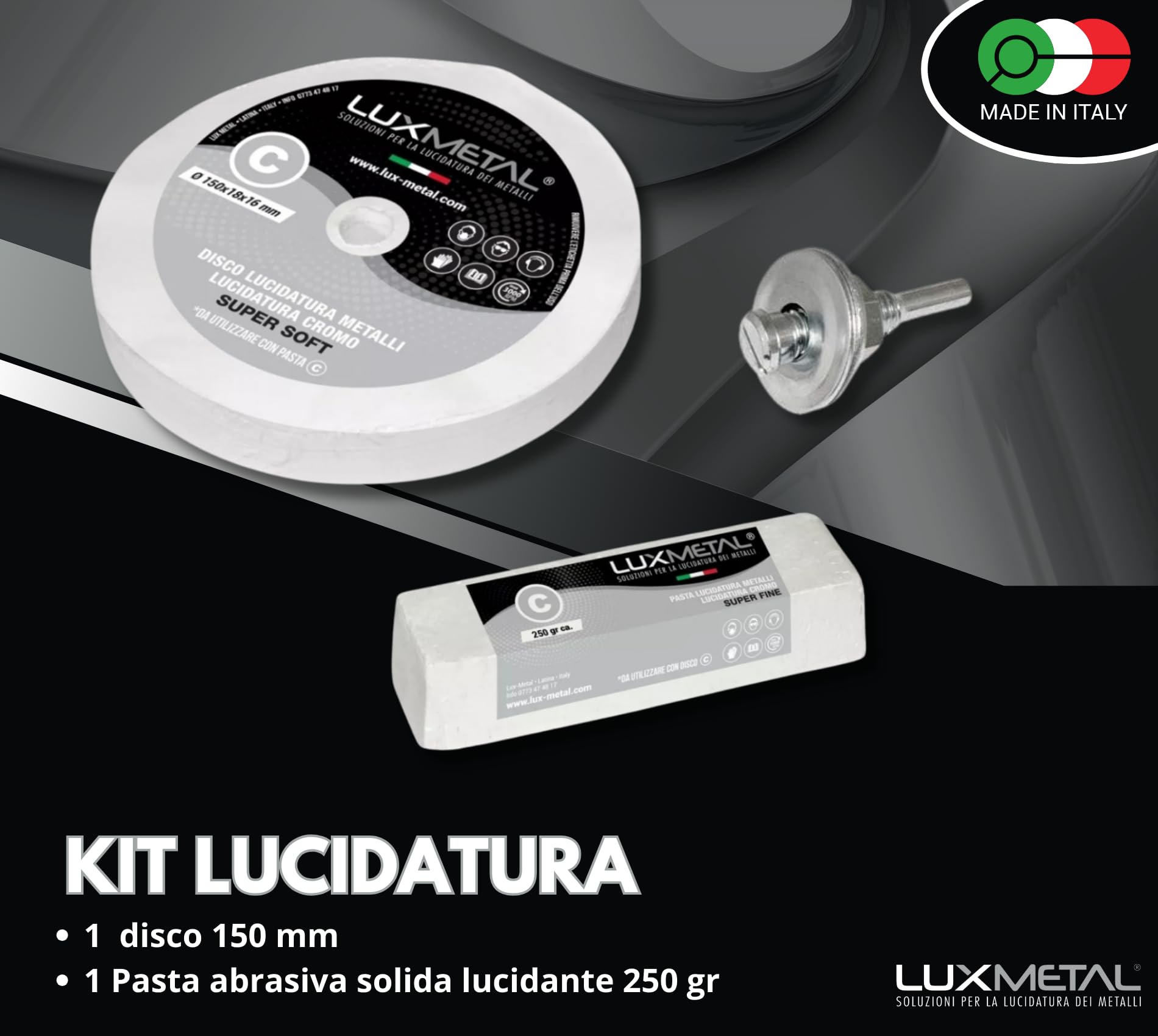 Lux Metal Kit 1 Pasta Abrasiva Lucidante 250 gr e 1 Disco Lucidatura in cotone 150 mm (S-Fine) Per Lucidare Metalli Acciaio Inox Alluminio Ferro Lucida Cromature Plexiglass Marmo Ottone Rame Plastica