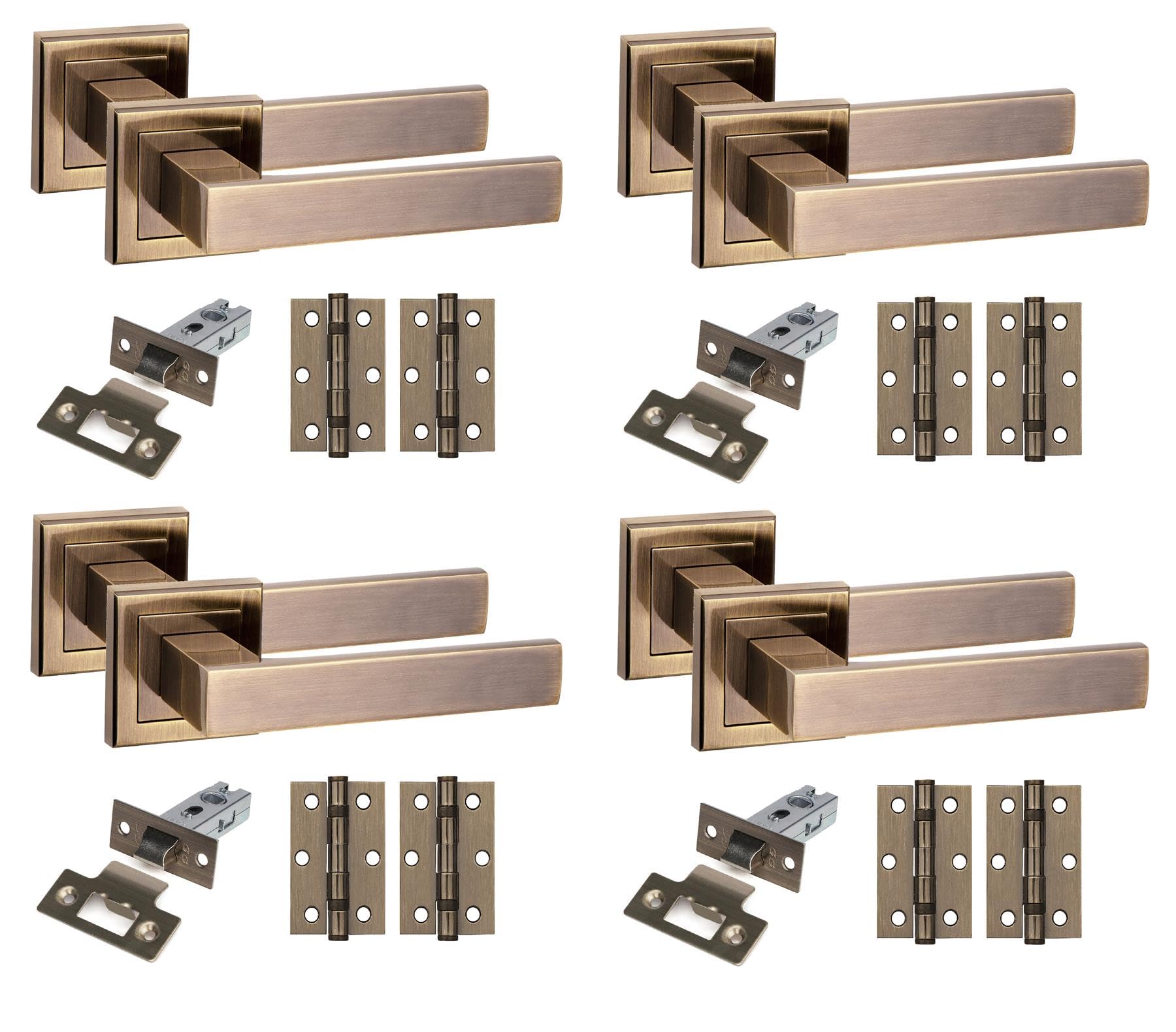 Golden Grace Antique Brass 4 Set Delta Design Square Rose Door Handles With Latch And Ball Bearing Hinges Finish