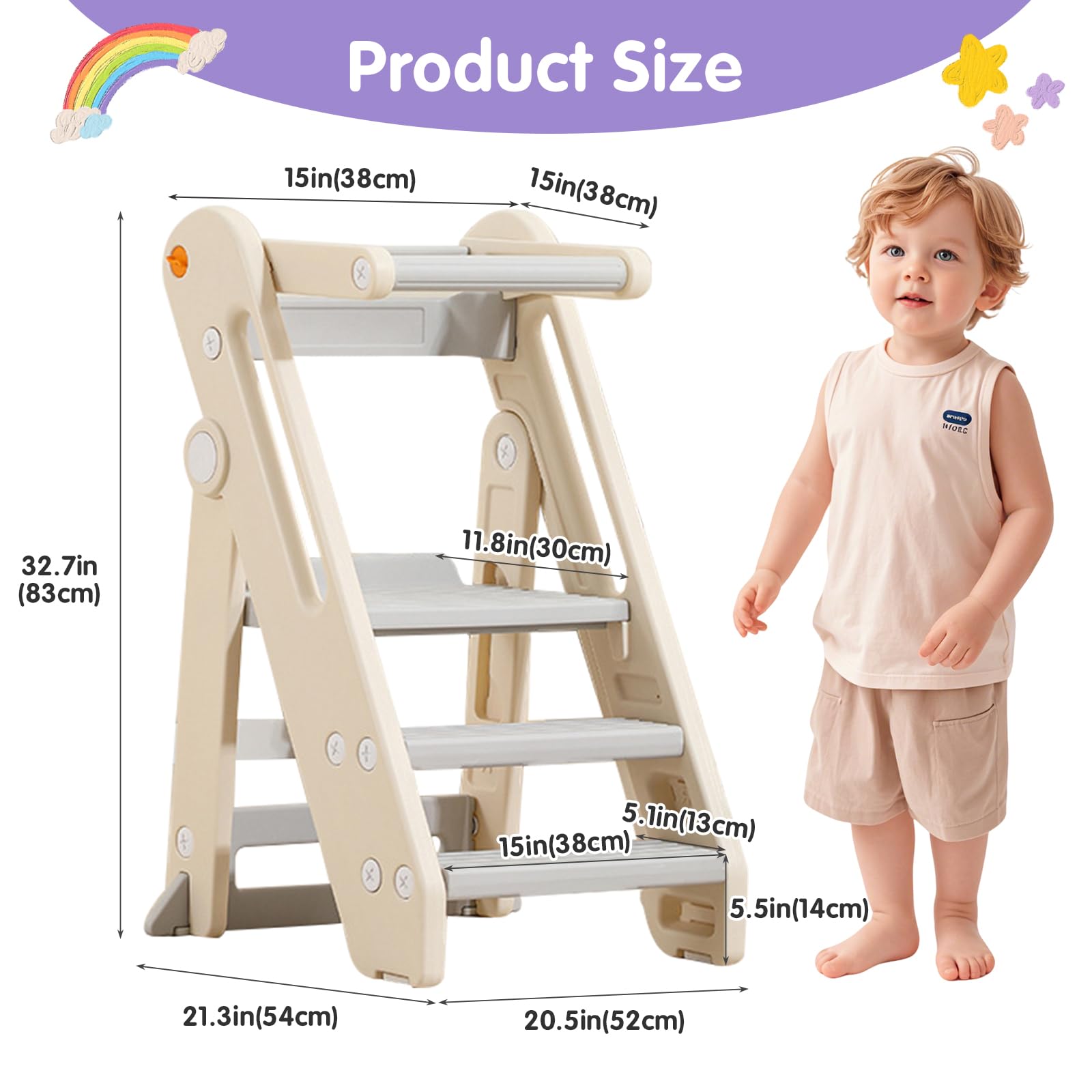 Torre de Aprendizaje para Niños, Taburete Infantil Plegable de Altura Ajustable con Barandilla y Asas, Escalera de Cocina y Baño Antideslizante para Niños – Beige, 52×54×83 cm