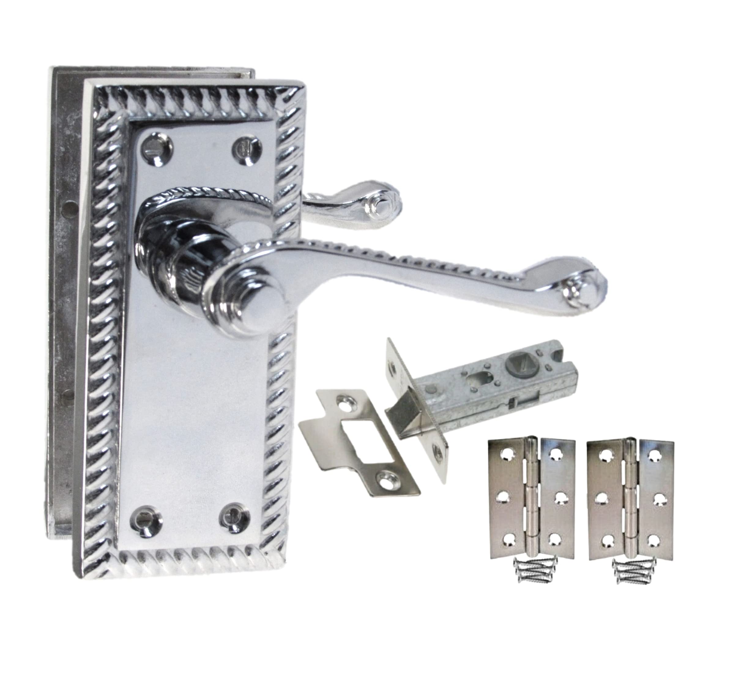 Haven Heritage Door Handle Polished Chrome Georgian Scroll Style Latch with Hinges and Tubular Latches