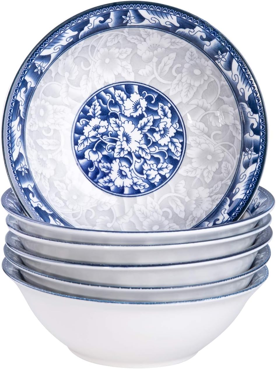 CUTISET 15 Ounce Porcelain Salad/Pasta/Soup Bowls, Set of 6, Assorted Blue and White Patterns, Chinese Style, Deep and Wide, (6-Inch, Round)