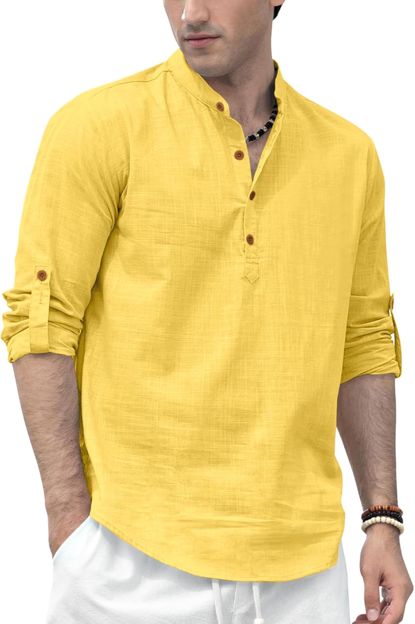 Zombom Men's Solid Cotton Blend Straight Kurta Shirt, Regular Fit Full Sleeve Short Kurta Shirt