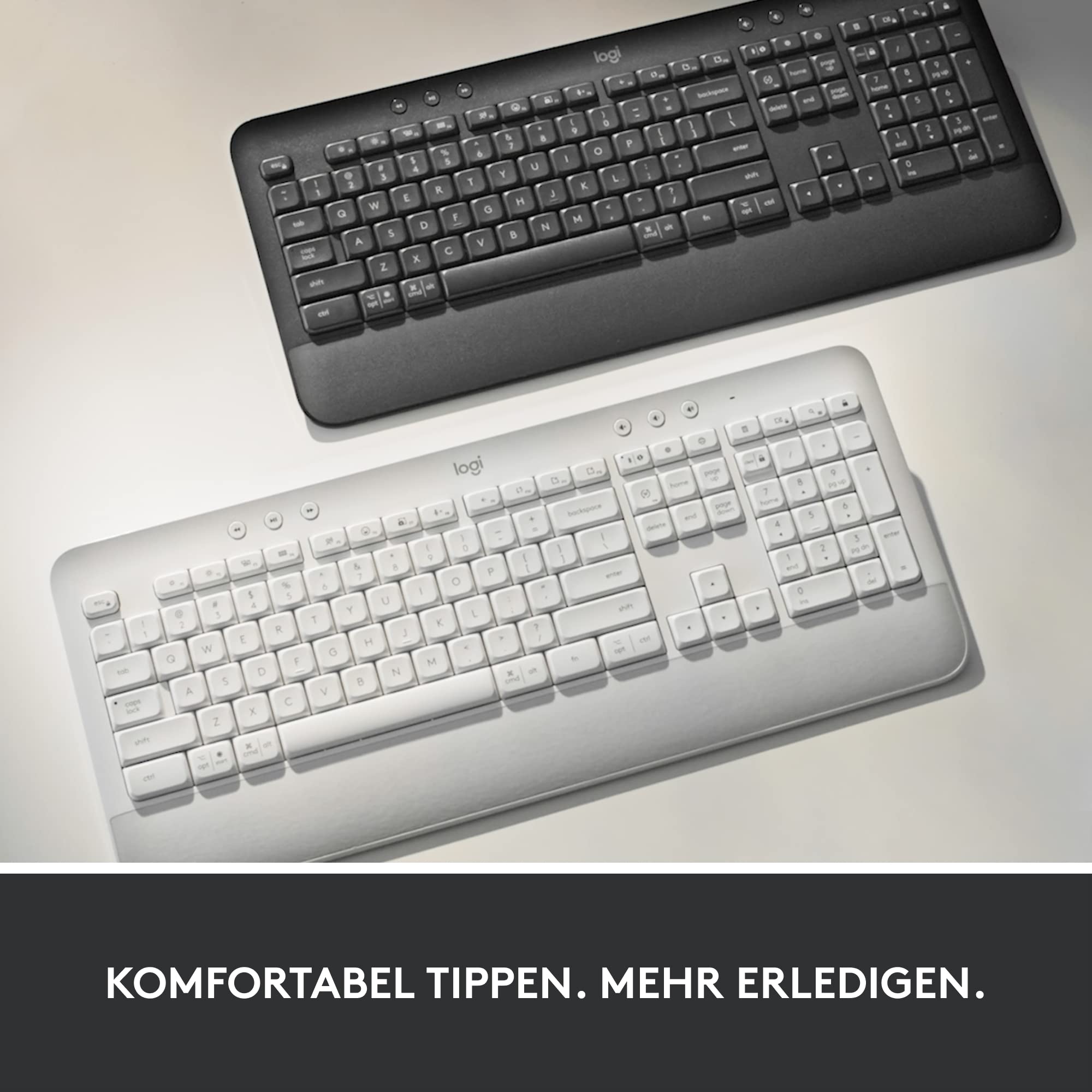 Logitech Signature K650 Comfort kabellose Tastatur mit Handballenauflage | BLE Bluetooth/Logi Bolt USB-Empfänger, Soft-Touch-Tastatur, Numpad, PC/Windows/Mac, US QWERTY - Weiß