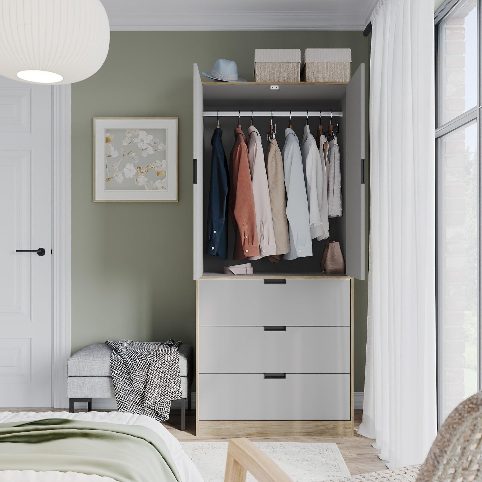 URBNLIVING Modern 2 Door Wardrobe with 3 Drawers & Hanging Rail, Stylish Freestanding Storage, Spacious Interior, Durable Chipboard Build, Easy to Assemble Bedroom Furniture - Image 5