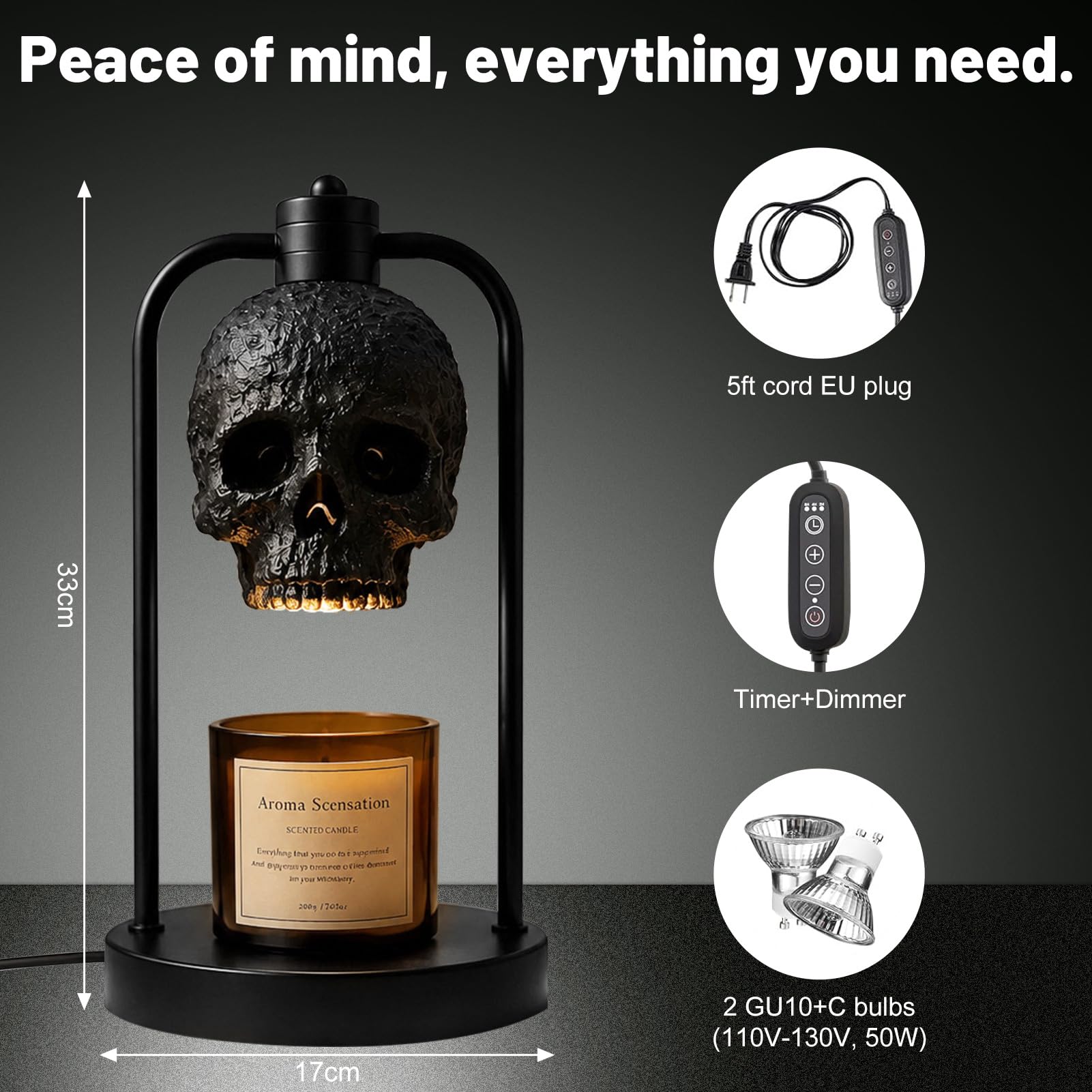 Totenkopf Kerzenlampe für Halloween Deko, Candle Warmer Lamp mit Timer (B)