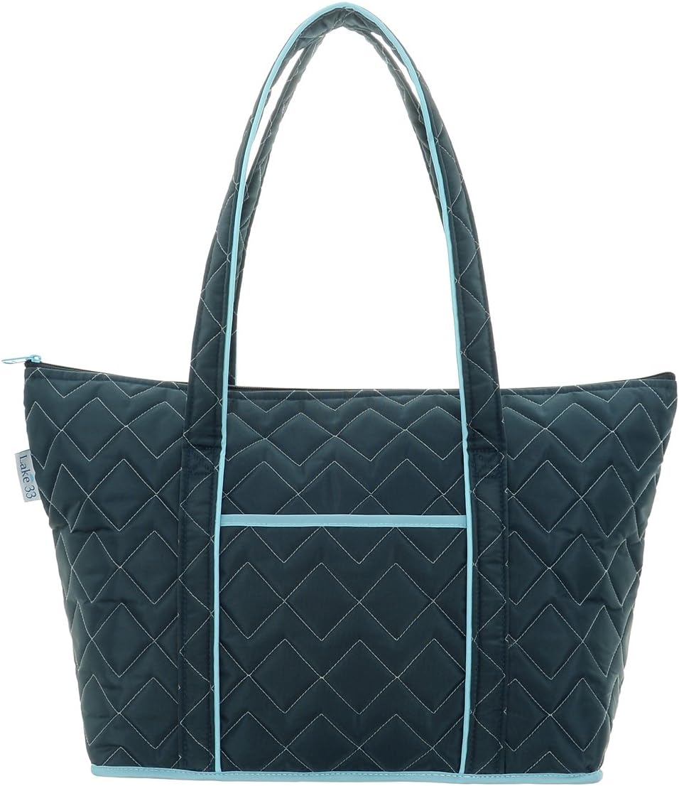 Lake 33 Womens Destination Tote Handbag with Zipper top, 8 Organizer Pockets, Water Resistant, Machine Washable, Quilted Nylon. Large Travel Purse in Black, Gray, Navy or Brown. Made in USA