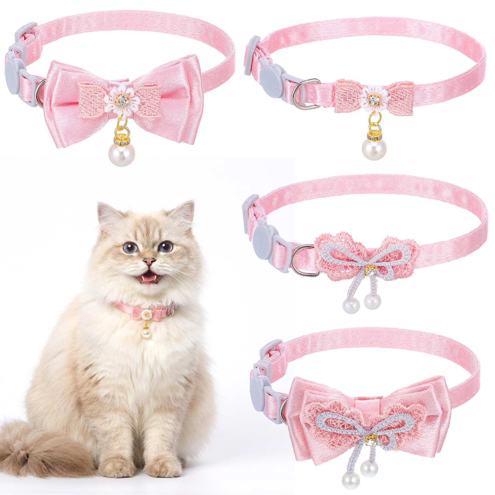 Jeffdad 4 PCS Cute Pearl Cat Collar with Bow, for Girl Cats Pink Cat Bows & Accessories Breakaway Safety Cat Bowtie Collar