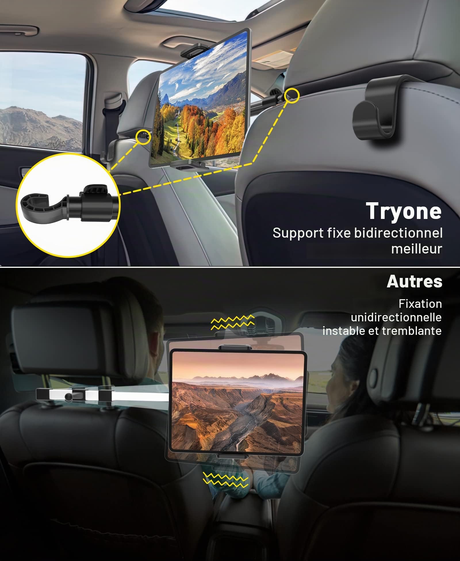 TRYONE Support Tablette Voiture Center Support de Tablette de Voiture Universel réglable pour iPad Series/Samsung Galaxy Tabs/téléphones Portables Appareils de 4,7 à 12,9 Pouces/avec 2 Crochets