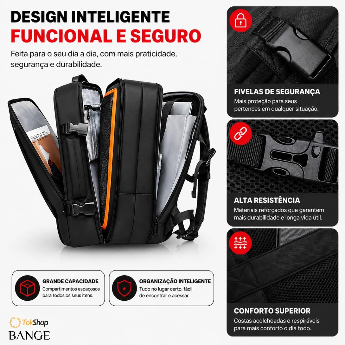 BANGE Mochila Executiva Masculina Reforçada de 40L Expansível Antifurto Impermeável para Notebooks de Até 17.3 Polegadas (Preto) BANGE Mochila Executiva Masculina Reforçada de 40L Expansível Antifurto Impermeável para Notebooks de Até 17.3 Polegadas (Preto)