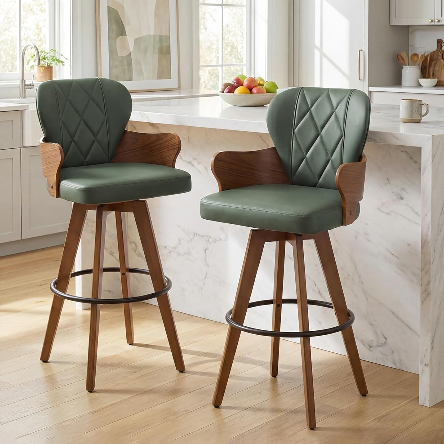 LUNLING 30" Swivel Bar Stools Set of 2,Mid Century Modern Green Faux Leather Bar Height Bar Stools with Backrest and Arms,Upholstered Wooden Legs Bar Chairs,Bentwood Frame Kitchen Island Barstools