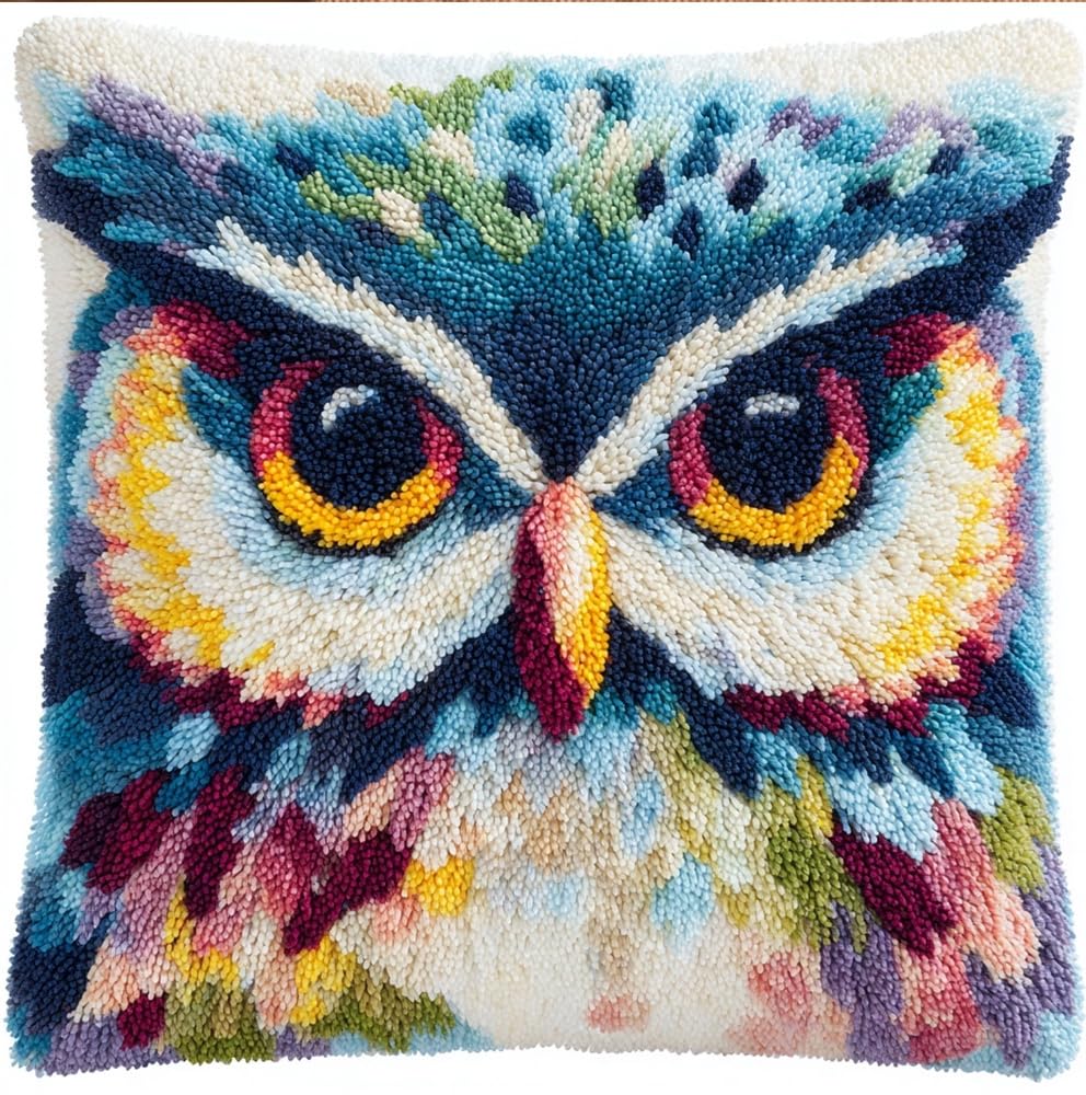 kitphoenix DIY Latch Hook Kits,Watercolor Owl Animal 17X17Inch Needlepoint Pillow Kit, Half Cross Stitch Kit, Embroidery Kit, Latch Hook Cushion Cover Hobby & Crafts