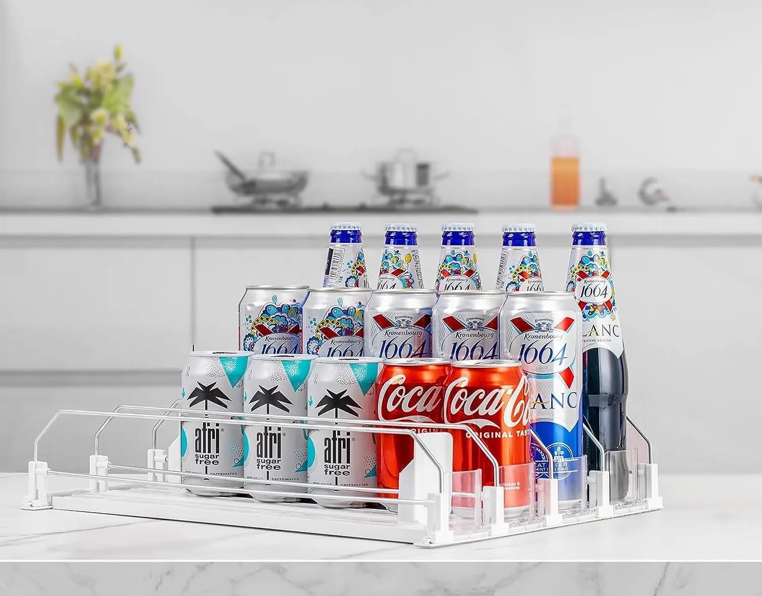 AMAZE Automatic Drink Dispenser for Fridge. Refrigerator Organizing and Pantry Can Storage for Soda, Beer, Water, Soup. Holds 12oz - 16oz - 20oz Cans and Bottles. Storage Rack Holds up to 20 Drinks.