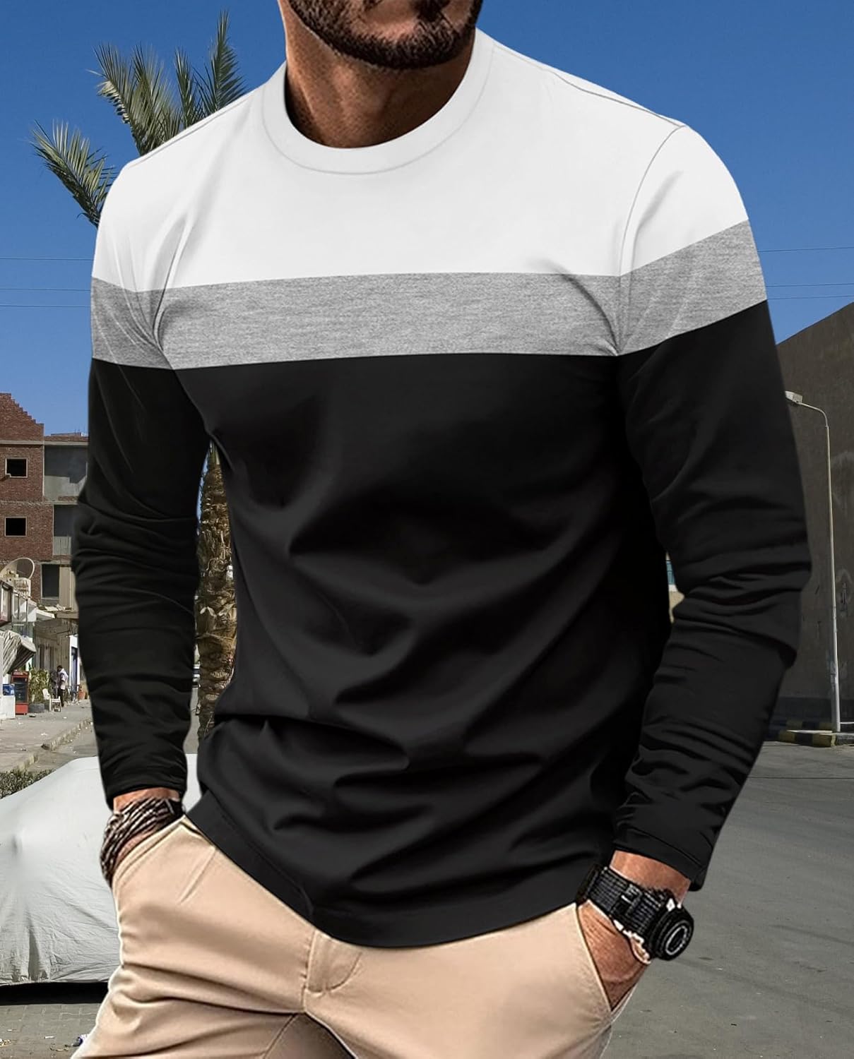Stylish Mens Long Sleeve Shirt Colorblocked T Shirt and Casual Fall and Winter Fash... - Image 5