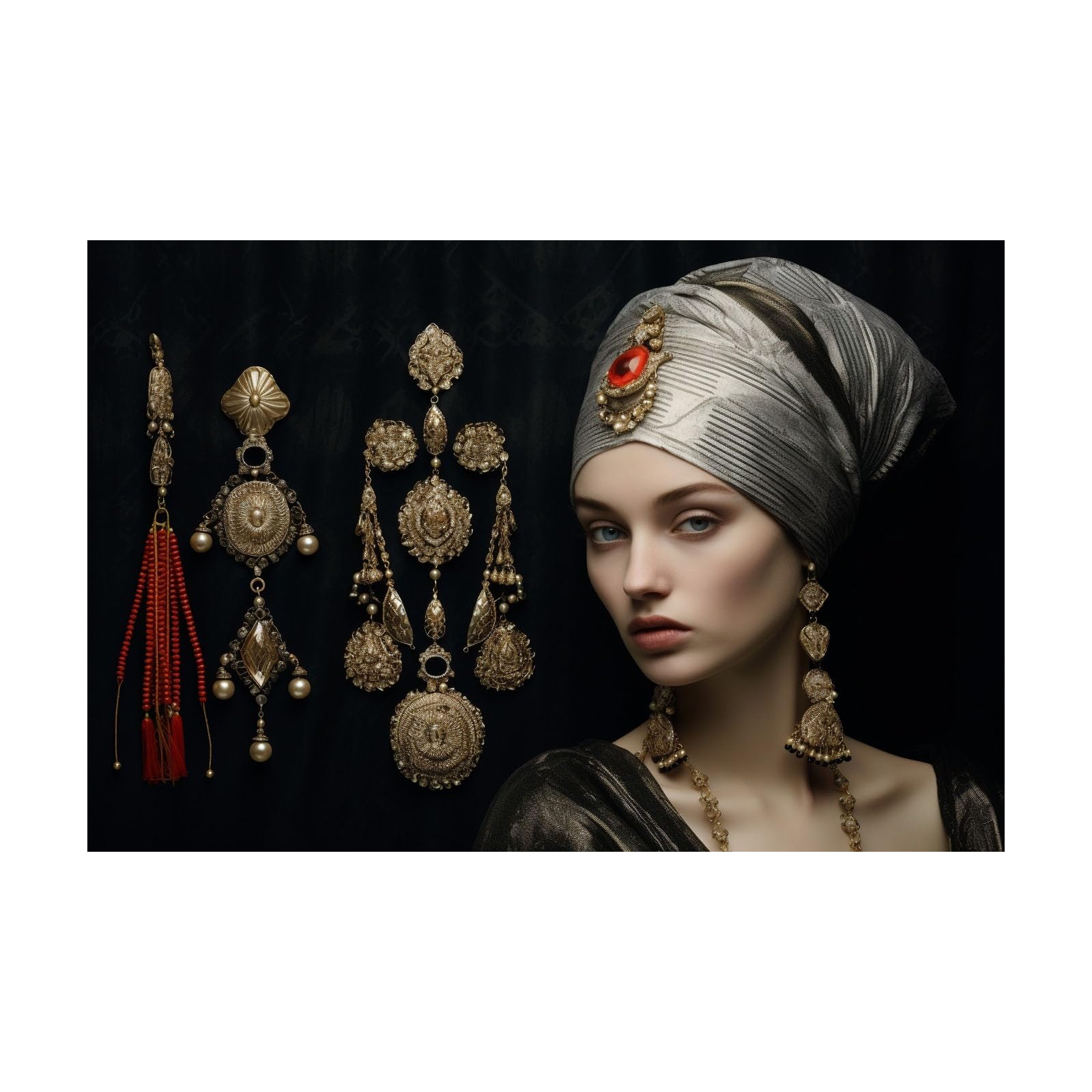 TERUEA Funny Bathroom Wall Decor Poster Woman with Vintage Gold Jewelry and Turban Portrait Canvas Prints Wall Art Pictures Artwork for Bedroom Home Decor(Grey)-60x90cm Unframed