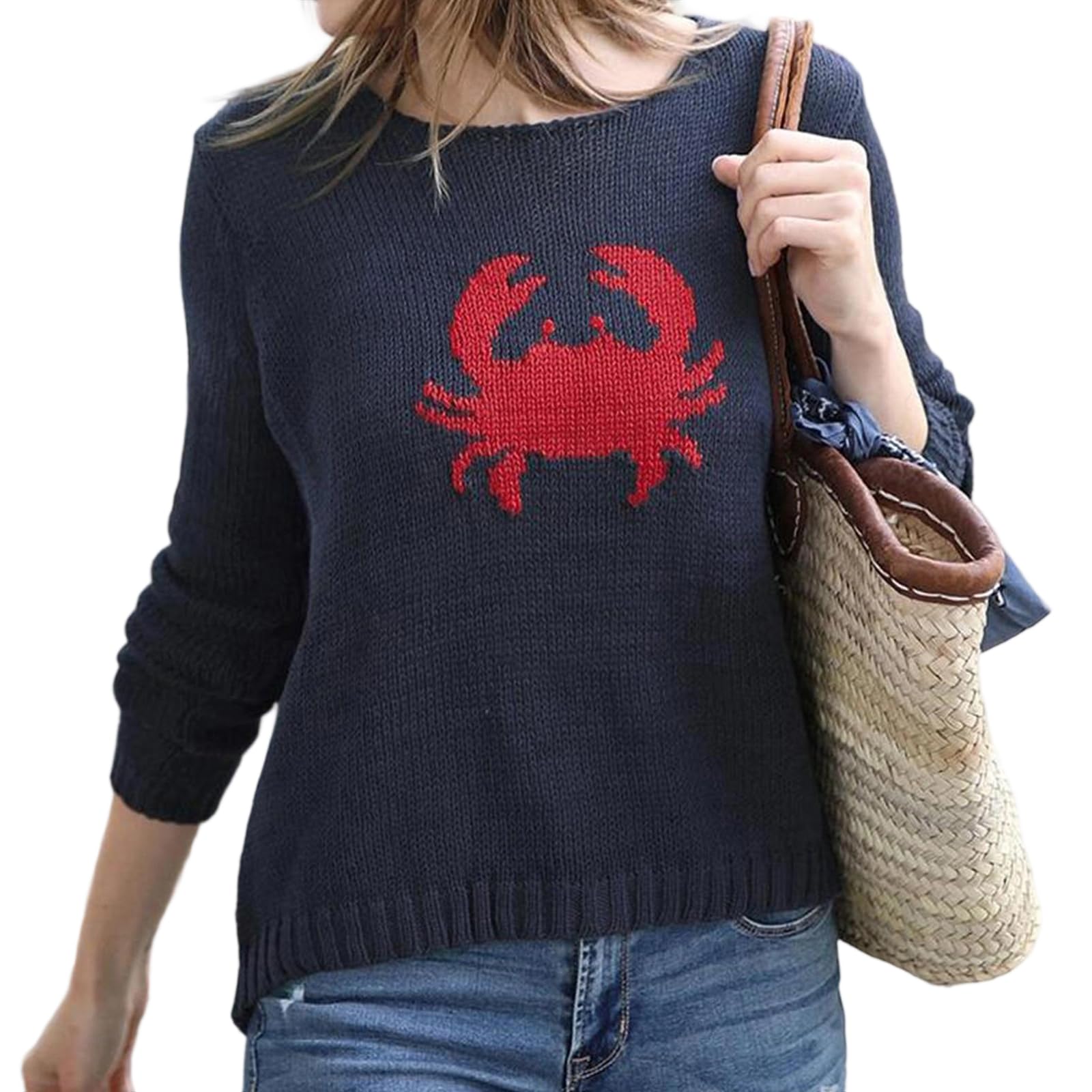 Womens Novelty Seafood Print Knit Sweater - Crab Lobster Patterned Pullover for Casual Daily Beach Wear Multi Styles