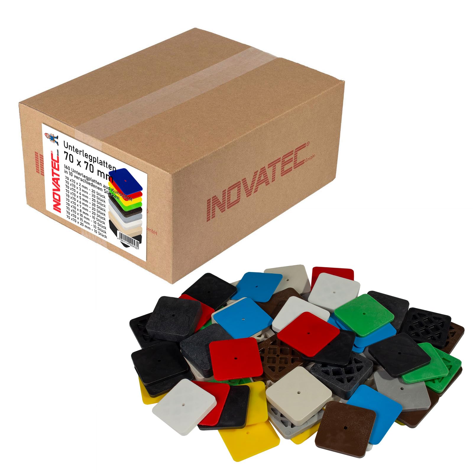 160 x INOVATEC Kunststoff Unterlegplatten 70 x 70 x 2-20 mm Mix Abstandshalter Distanzklotz Plättchen